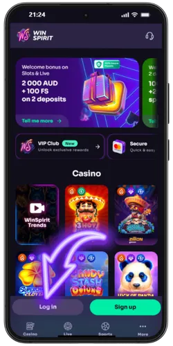 WinSpirit homepage with login button
